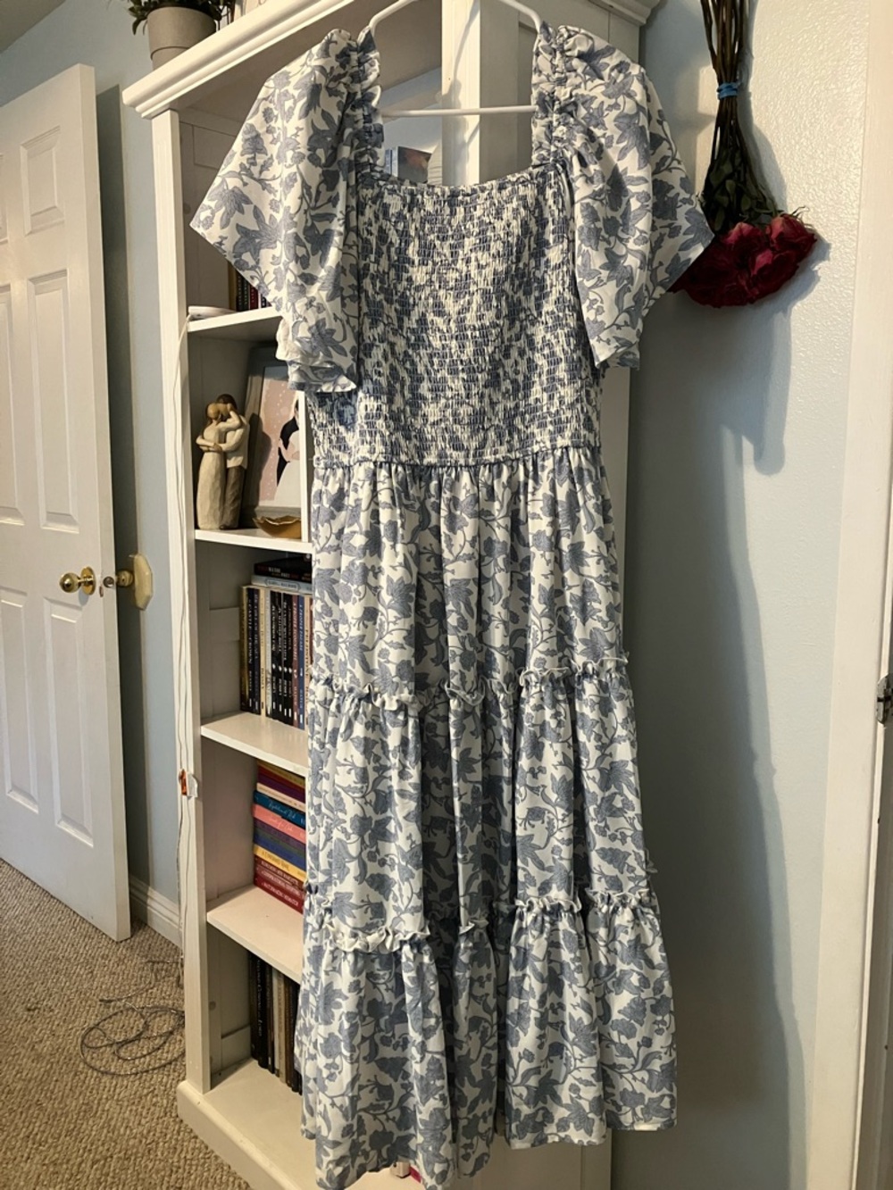 Ivy City Co Blue and White Floral Smocked Midi Dress